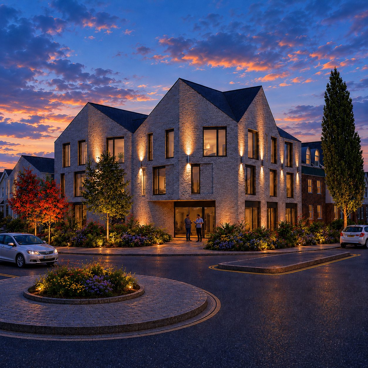 Sola Suites entrance at dusk