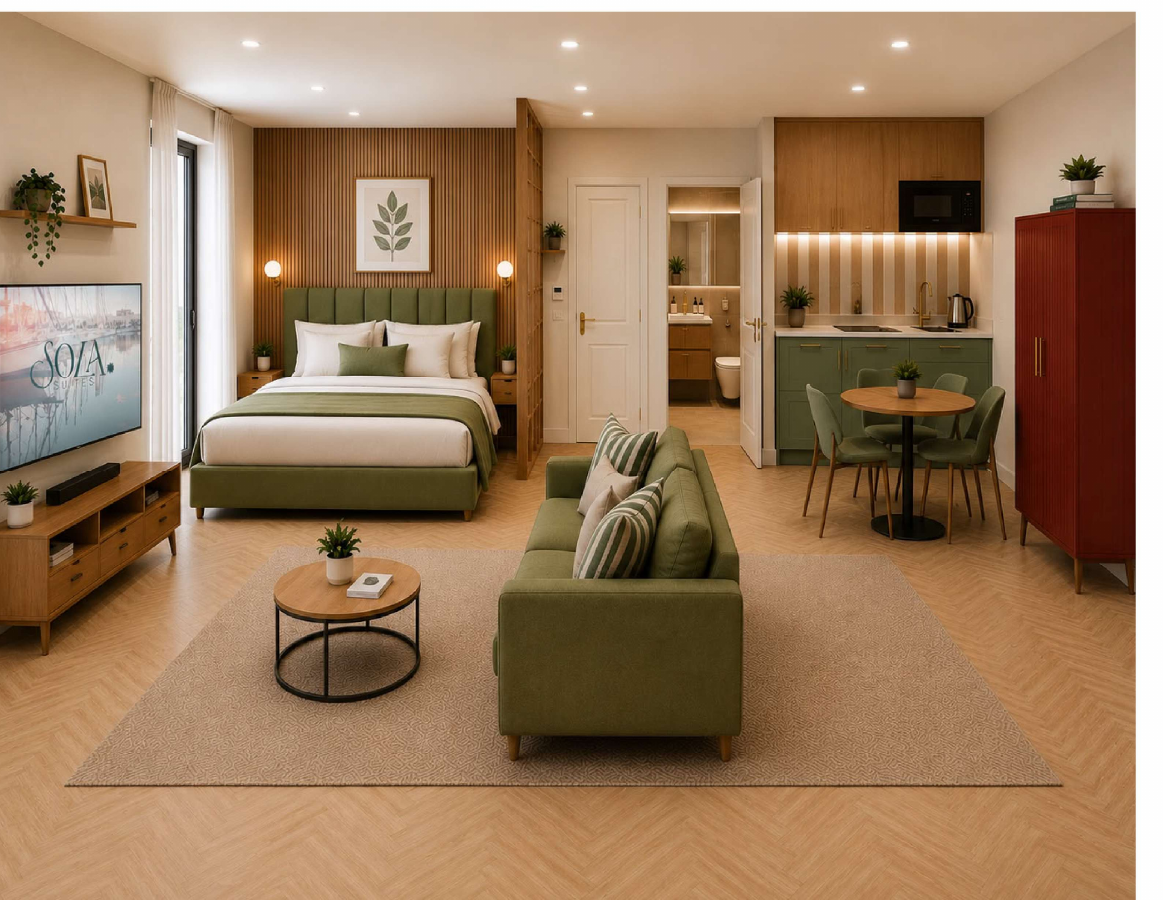 Gold Suite open-plan living, dining and sleeping space